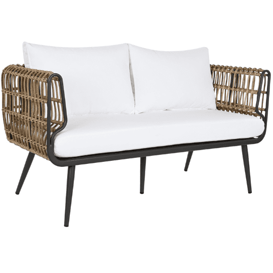 Ensemble Salon de Jardin Exotique Rotin Marron, Coussins Blancs