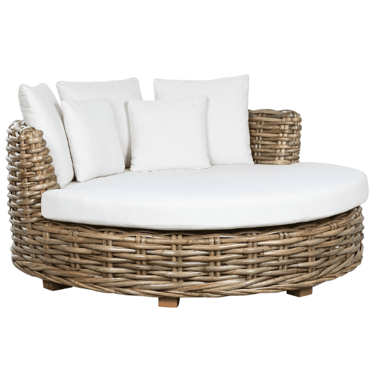 Sofa Balinais Rond en Rotin Naturel et Coton Blanc