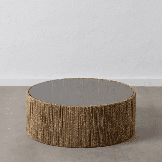 Table Basse Ronde en Fibre Naturelle et Verre