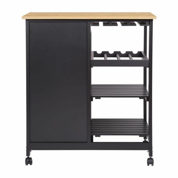 Removable Industrial Design Black and Wood Sideboard on Wheels with Bottle Rack Home Decor