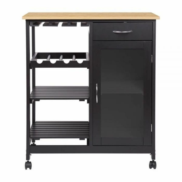 Buffet Amovible Design Industriel Noir et Bois sur Roues avec Range Bouteilles Home Decor