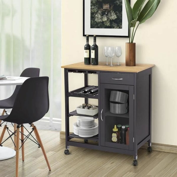 Buffet Amovible Design Industriel Noir et Bois sur Roues avec Range Bouteilles Home Decor