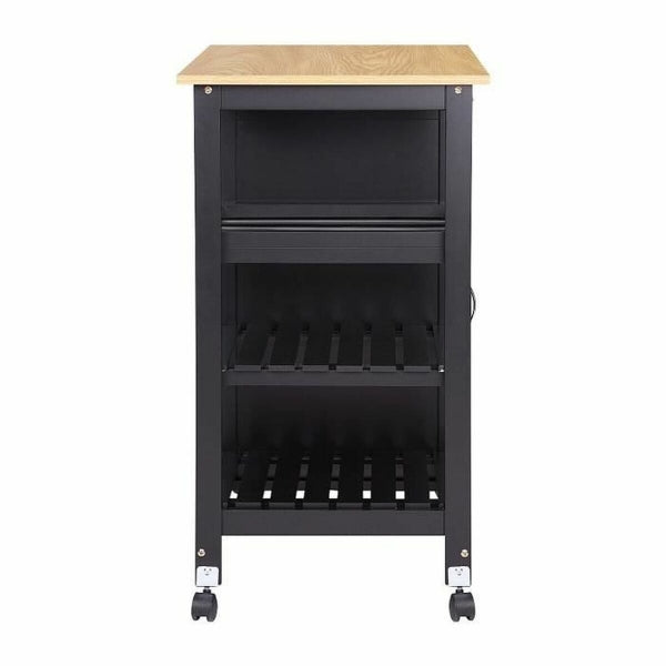 Removable Industrial Design Black and Wood Sideboard on Wheels with Bottle Rack Home Decor