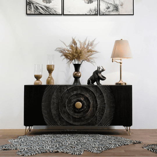 Grand Buffet Mandala en Bois Noir et Doré