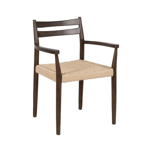 Scandinavian Chair with Armrests in Brown Wood and Woven Fiber