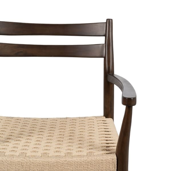 Scandinavian Chair with Armrests in Brown Wood and Woven Fiber