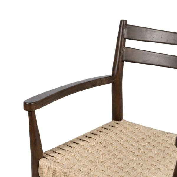 Scandinavian Chair with Armrests in Brown Wood and Woven Fiber