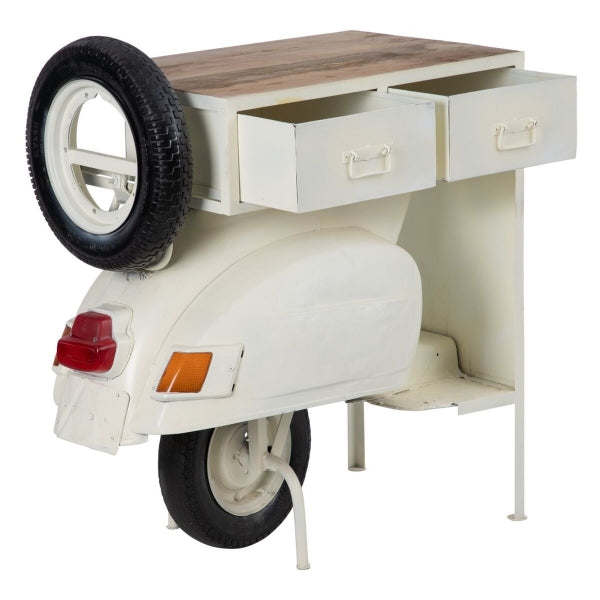 Industrial Design Rear Console of a Scooter in White Iron and Natural Wood - Add a Retro Touch to Your Interior