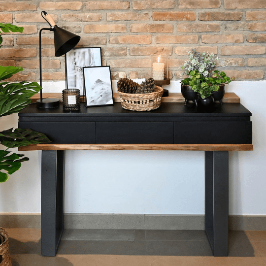 Console d'entrée en Bois Massif Sculpté et Métal Noir Loft