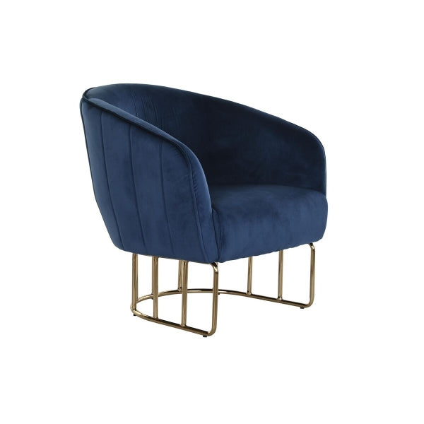 Fauteuil Velours Bleu et Pieds Métal Doré Style Contemporain