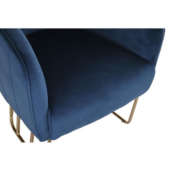 Fauteuil Velours Bleu et Pieds Métal Doré Style Contemporain