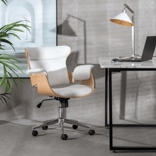 Fauteuil de Bureau "BOSS" à Accoudoirs Bois Cuir Blanc