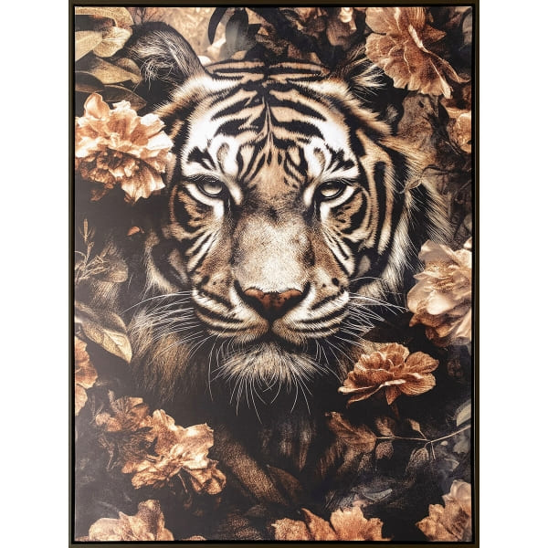 Grand Cadre Mural Tête de Tigre Fleurs (83 x 123 x 4 cm)