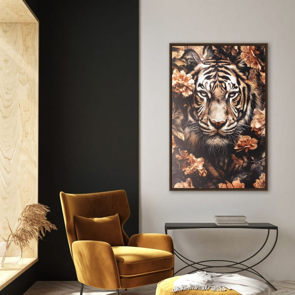 Grand Cadre Mural Tête de Tigre Fleurs (83 x 123 x 4 cm)