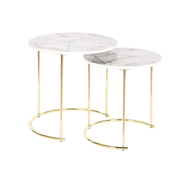 Jeu de 2 Tables d'Appoints Rondes Effet Marbre et Doré