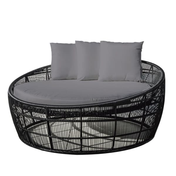 Lit de Jardin Rond en Rotin Noir et Coussins Gris