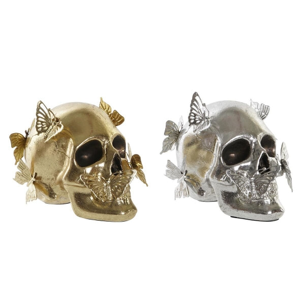 Set of 2 Gold and Silver Skulls with Butterflies - Home Decor