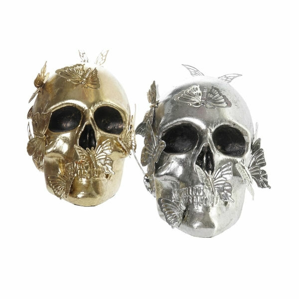 Set of 2 Gold and Silver Skulls with Butterflies - Home Decor