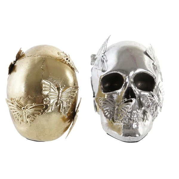 Set of 2 Gold and Silver Skulls with Butterflies - Home Decor