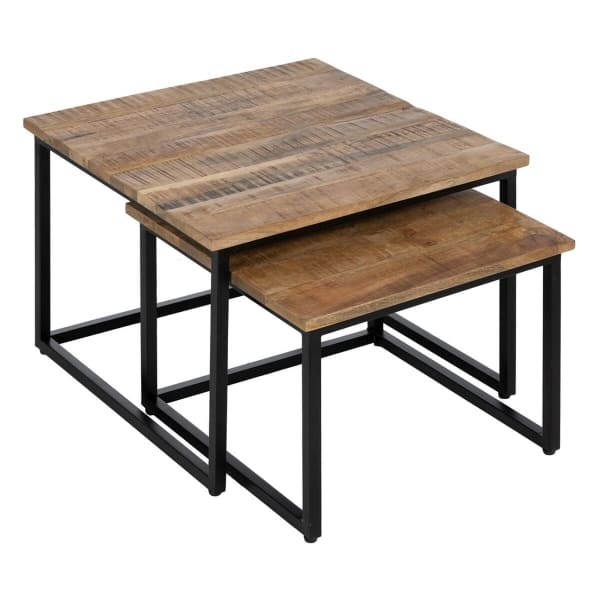 Lot de 2 Tables Basses Gigognes Industrielles Bois Massif et Fer Noir