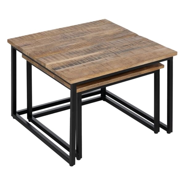 Lot de 2 Tables Basses Gigognes Industrielles Bois Massif et Fer Noir