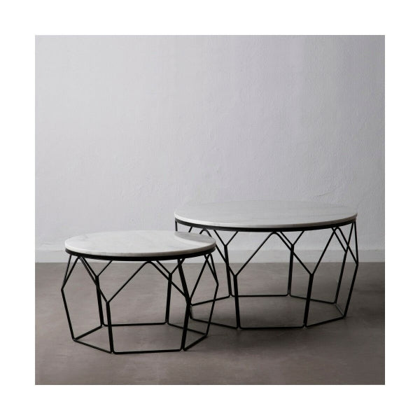 Lot de 2 Tables Basses Ronde Design en Marbre Blanc et Métal Noir