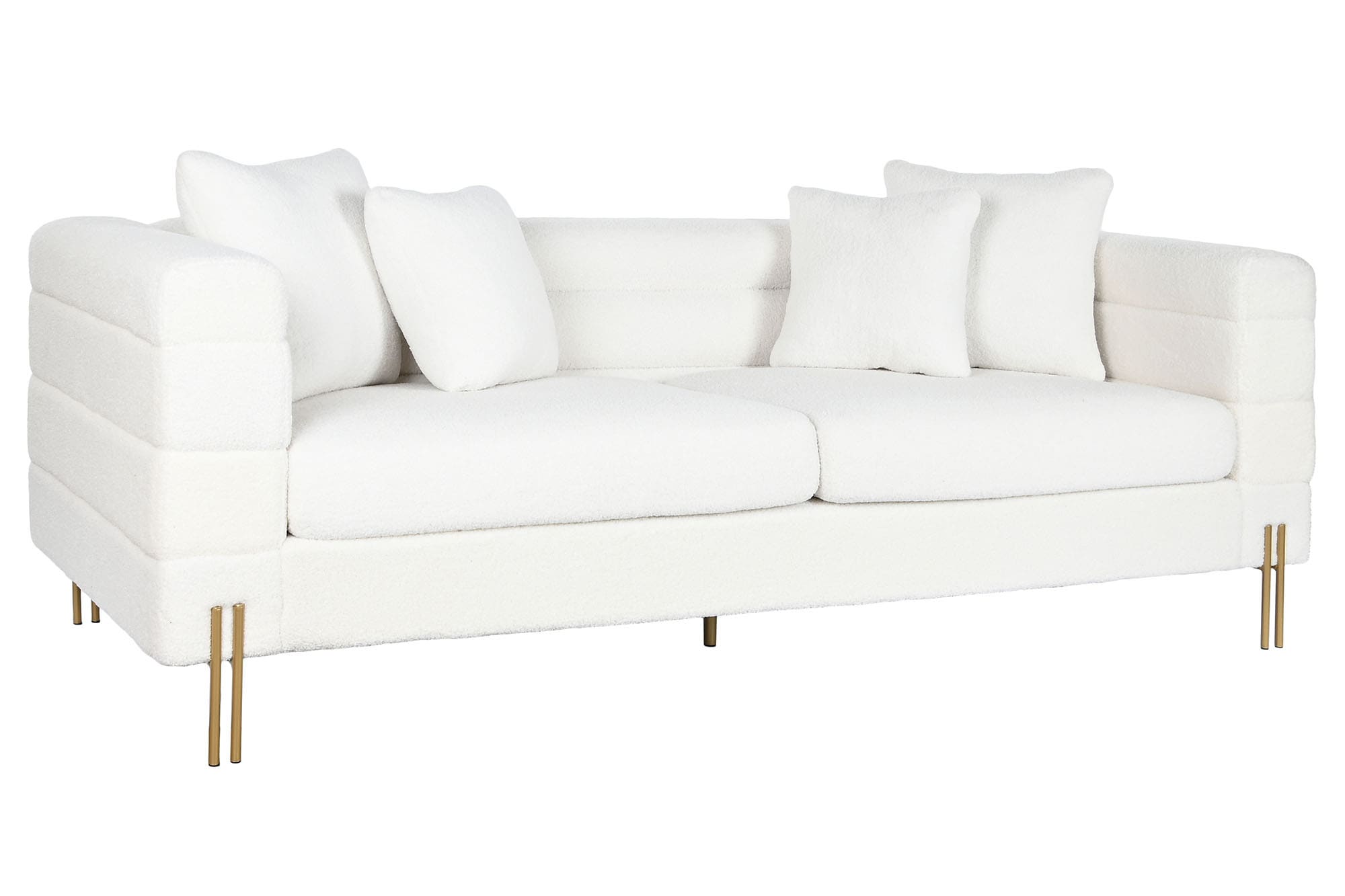 Canapé Contemporain en Tissu Bouclette Blanc et Métal Doré (205 x 85 x 73 cm)