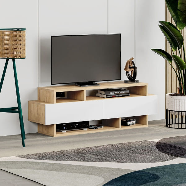 Meuble TV Moderne en Bois Marron et Blanc