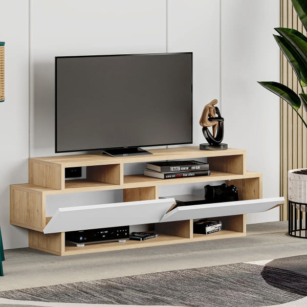 Meuble TV Moderne en Bois Marron et Blanc