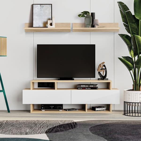 Meuble TV Moderne en Bois Marron et Blanc