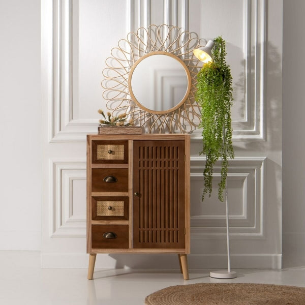 Meuble d'Appoint à Tiroirs en Bois et Rotin Naturel avec miroir au dessus