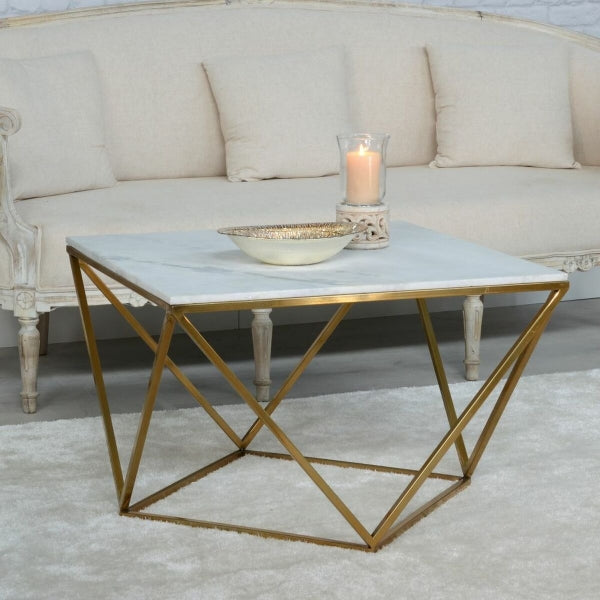 Mesa de Centro Geométrica en Mármol Blanco y Metal Dorado Home Decor