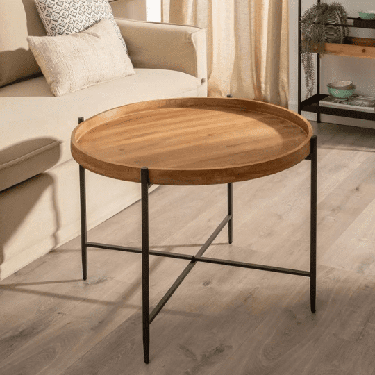 Table Basse Plateau Rond Bois Naturel Fer Noir