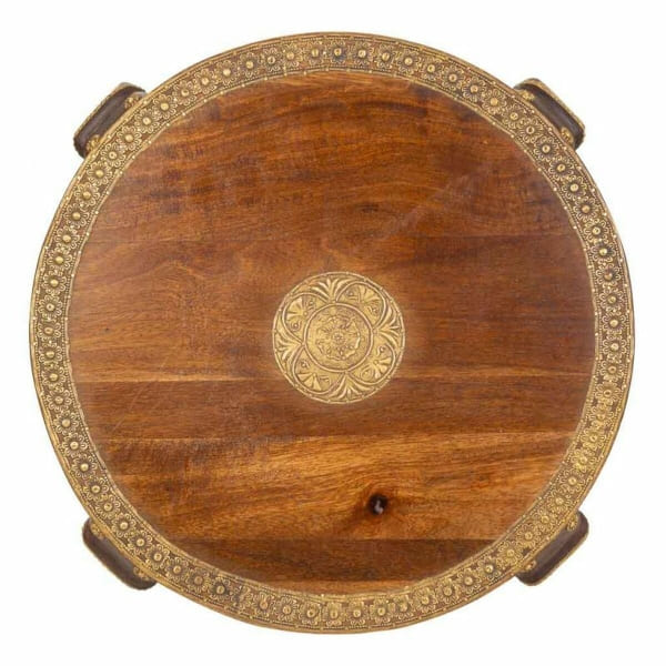 Table Basse Ronde Elephant Indien en Bois Massif et Laiton Doré