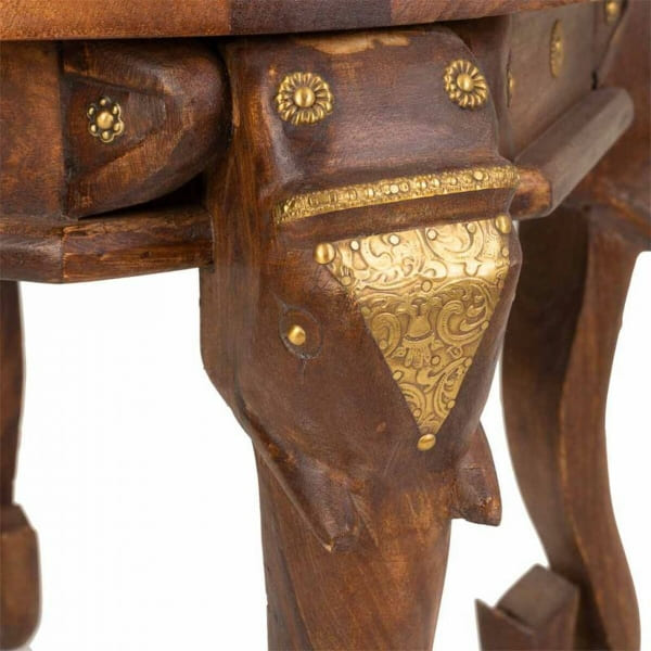 Table Basse Ronde Elephant Indien en Bois Massif et Laiton Doré