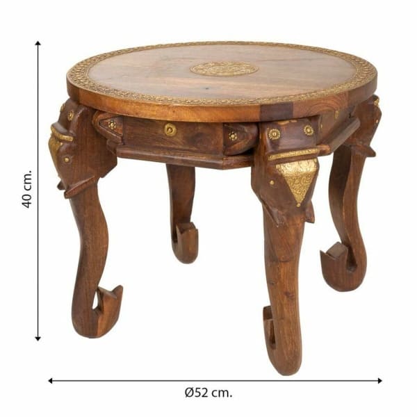 Table Basse Ronde Elephant Indien en Bois Massif et Laiton Doré