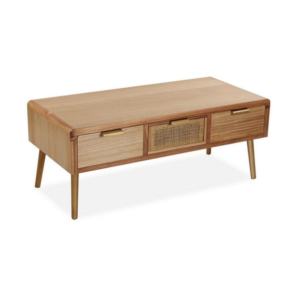 Table Basse Tropicale en Bois et Rotin Naturel avec 3 Tiroirs Versa