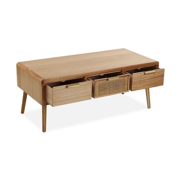 Table Basse Tropicale en Bois et Rotin Naturel avec 3 Tiroirs Versa