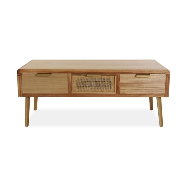 Table Basse Tropicale en Bois et Rotin Naturel avec 3 Tiroirs Versa