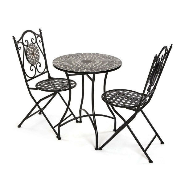 Table Ronde et 2 Chaises Pliables de Jardin Noir effet Céramique Versa