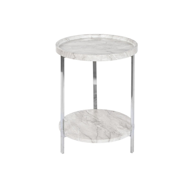 Table d'Appoint Design Ronde Effet Marbre Blanc et Argenté, 2 Niveaux