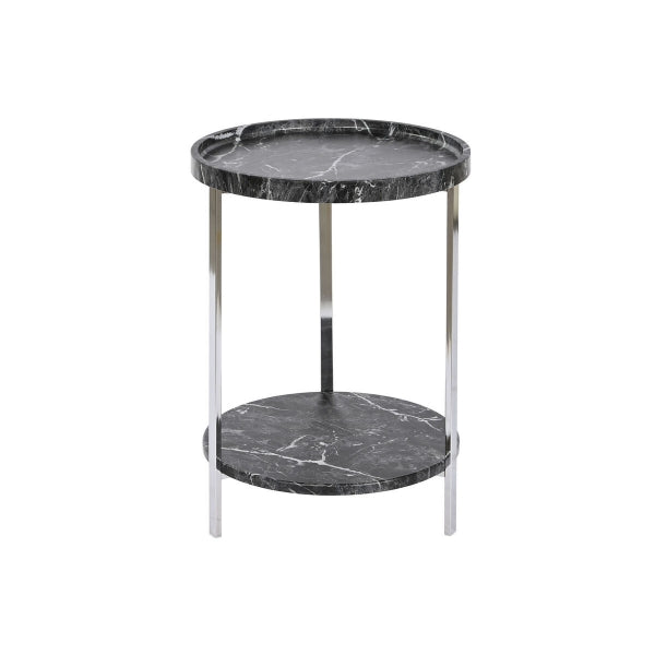 Table d'Appoint Design Ronde Effet Marbre Noir et Argenté, 2 Niveaux