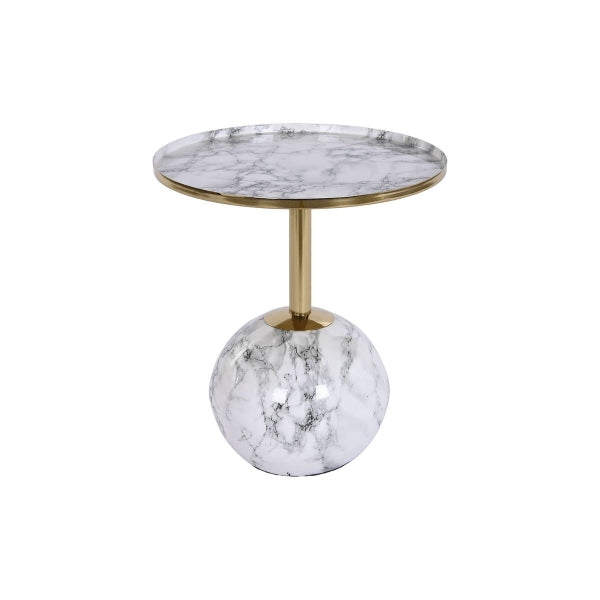 Table d'Appoint Ronde Effet Marbre Blanc et Socle Boule Fer Blanc et Doré