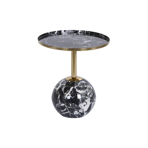 Table d'Appoint Ronde Effet Marbre Noir et Socle Boule Fer Noir et Doré