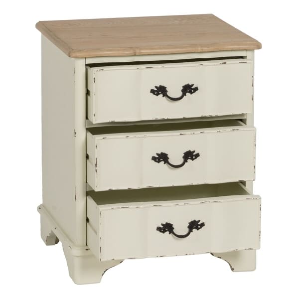 Mesita de noche Shabby Chic con 3 cajones en madera color crema envejecida