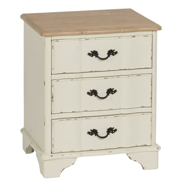 Mesita de noche Shabby Chic con 3 cajones en madera color crema envejecida