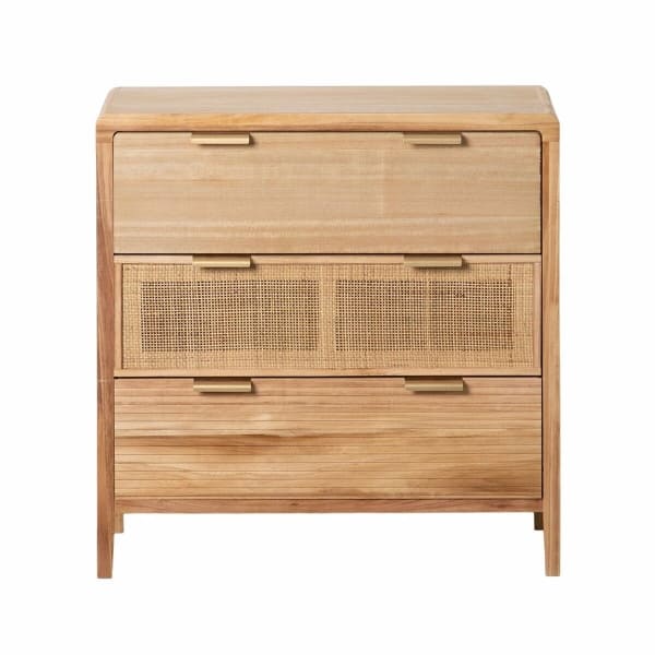 Commode 3 Tiroirs en Bois Naturel et Cannage