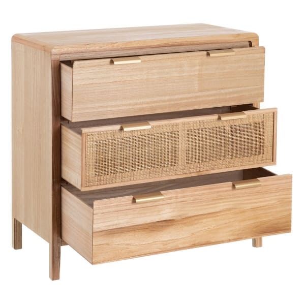 Commode 3 Tiroirs en Bois Naturel et Cannage