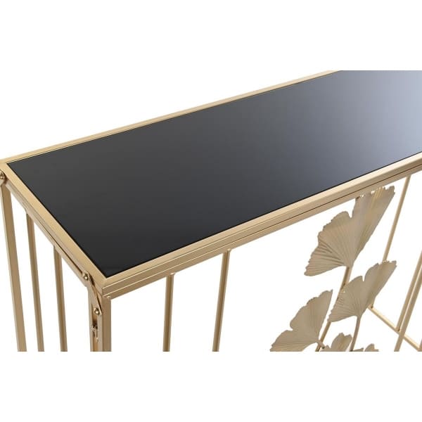 Tropical Leaves Design Console in Gold Metal and Glass (91 x 32 x 77 cm)