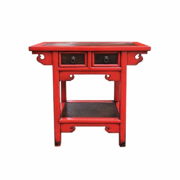 Petite Console Chinoise en Métal Rouge et Bois Brun